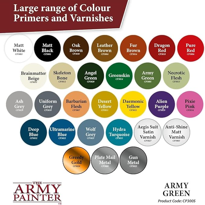 The Army Painter Color Primer Spray Paint, Army Green, 400ml, 13.5oz - Acrylic Spray Undercoat for Miniature Painting - Spray Primer for Plastic Miniatures