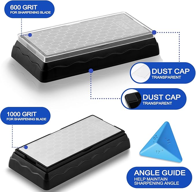 Double-sided Diamond Sharpening Stone,Knife Sharpening Stone with Extra Fine 1000/Coarse 600 Grit Diamond Plate, Storage Case with Non-Slip Base & Angle Guide(7 x 3.5 Inch)