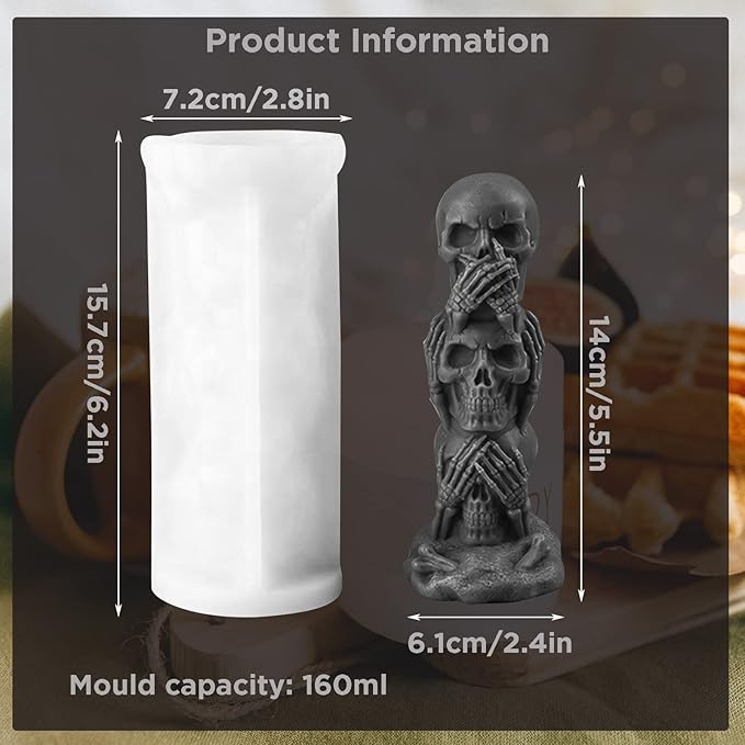 TOPYS 3D Skull Candle Silicone Mold Halloween Party Supplies DIY Resin Skull Mould for Plaster Decoration Clay Soap Making Cake Fondant Mould Festival Gifts