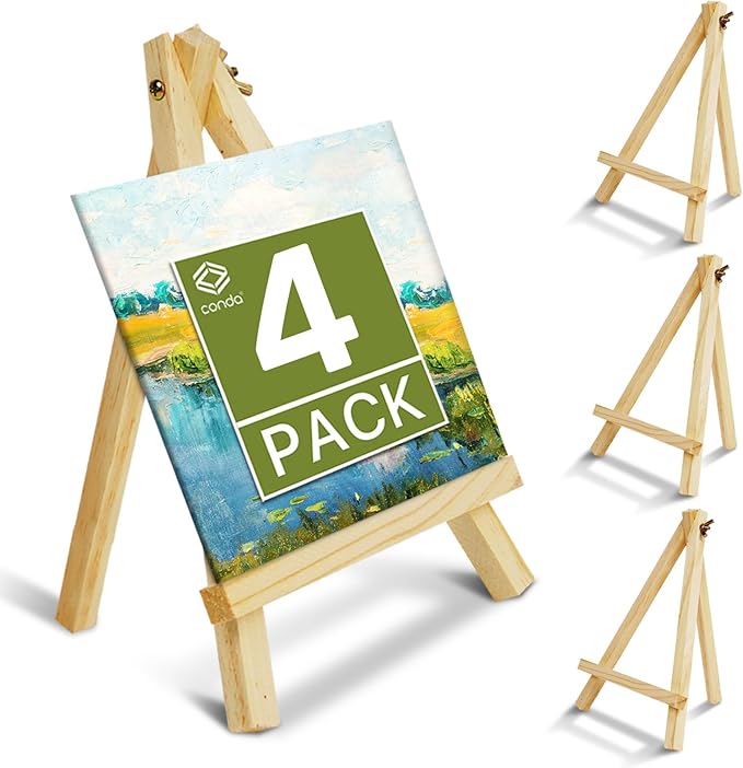 CONDA 4 Pack 9 Inch Wood Easels, Easel Stand for Painting Canvases, Art, and Crafts,Tripod,Painting Party Easel,Kids Student Tabletop Easels for Painting,Portable A-Frame Tripod Tabletop Easel Set