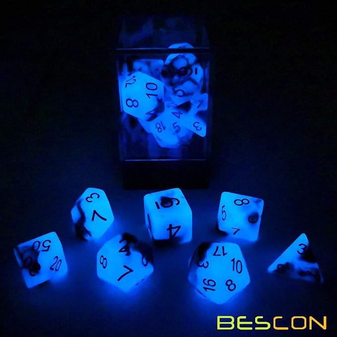 Bescon Two-Tone Glow-in-The-Dark Polyhedral Dice Set Blue Dawn, Luminous RPG Dice Set d4 d6 d8 d10 d12 d20 d% Brick Box Pack