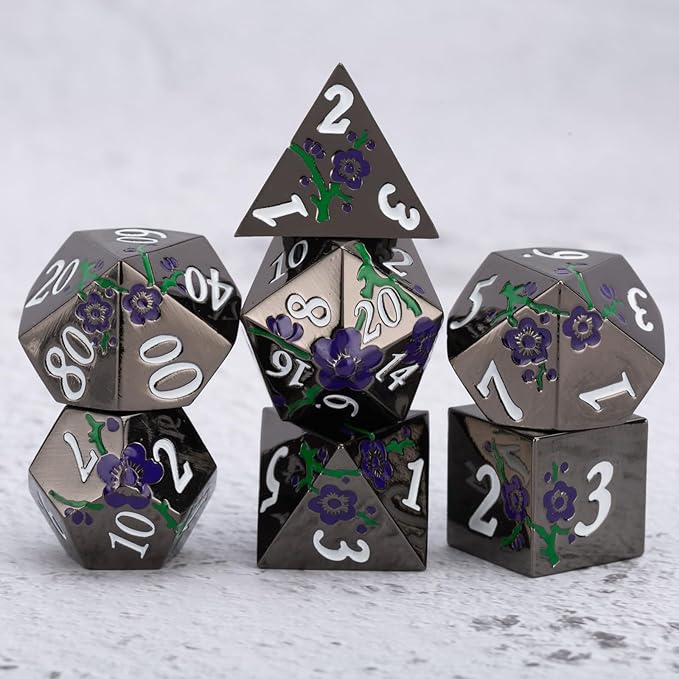 Black Metal Dice Set D&D,7pcs RPG Metal Flower Dice Set with Gift Box,RPG Polyhedral Metal Dice for Table Game(Black Nickel - Purple Green)