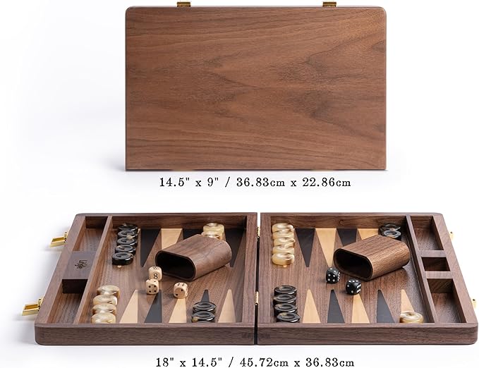14.5” Premium Natural Walnut Folding Backgammon Sets for Adults and Kids, Including 30 Artificial Horn Checkers, 2 Walnut Dice Cups, and 5 Wooden Dice/Classic Two-Player Strategy Board