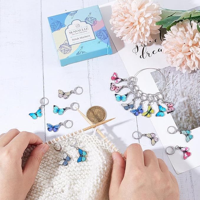 SUNNYCLUE 1 Box 20Pcs Stitch Markers Cute Butterfly Lobster Clasp Charms Crochet Stitch Marker Removable Knitting Stitch Markers Metal Crocheting Markers for Sewing Weaving Knit Threading DIY Craft
