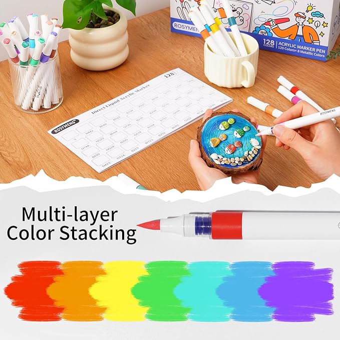 ROSYMENG 9 Metallic Color Acrylic Paint Pens,Quick-Drying Waterproof Acrylic Paint Markers, Soft Brush Tip Acrylic Markers for Canvas, Rock Painting, Wood, Stone, Glass, Ceramic, Fabric Painting