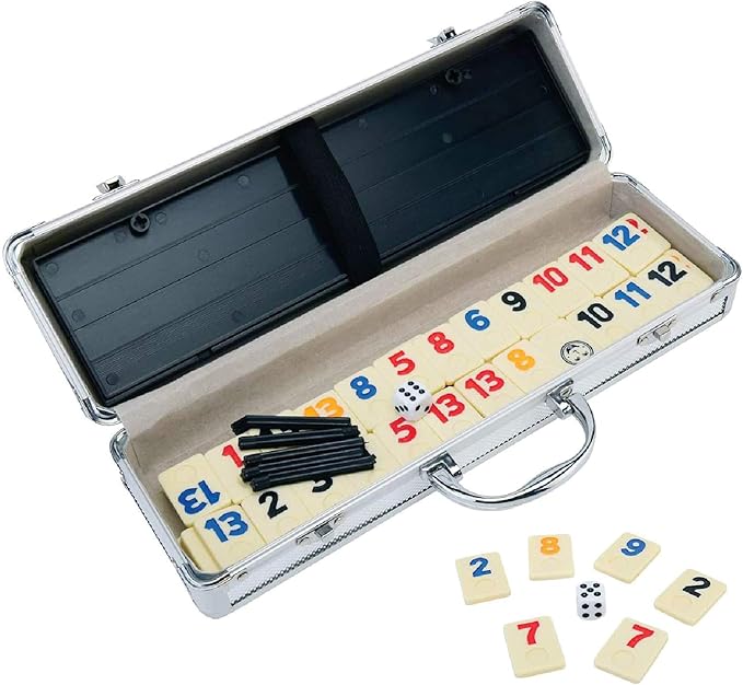 ERLLE - 106 Rummy Tiles Game Set with Aluminum Case. Deluxe Rummy Cube Game for Adults & Families, Includes 4 Anti-Skid Racks, Dice. Travel Board Game for 2-4 Players, Colorful Melamine Tiles.