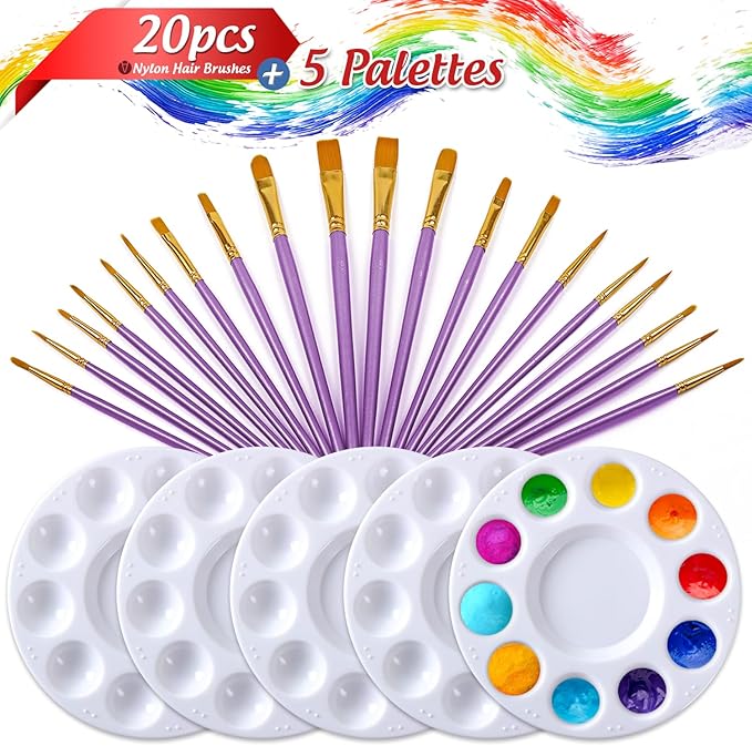 Halloween Paint Brushes Palettes Set by DUGATO, 2 Packs/20pcs Round Pointed Tip Nylon Hair Brushes with 5 Paint Trays for Acrylic Watercolor Oil Gouache Tempera and Body Painting (Purple)