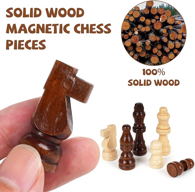 Magnetic Travel Chess Set 12-inch Wooden Magnetic Chess Board 2 Extra Queen Folding Chessboard for Storage Toys & Games for Adults Vintage Chess Game – Family Board Games Educational Toy Sets