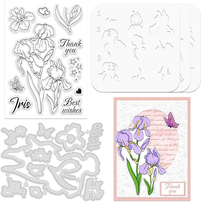 ORIGACH Iris Layering Stencil Stamp and Die Set for Card Making, Flower Stencil Template Silicone Clear Stamps and Metal Die Sets for DIY Scrapbooking Photo Album Crafting