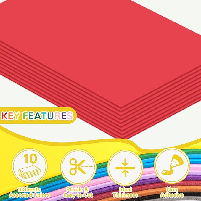 10 Pack Foam Sheets Craft 8 x 12 inch, Eva Color Foam Paper for Art Crafts Projects, Classrooms Scrapbook Gift DIY Cutters Card Party Decoration (Red)