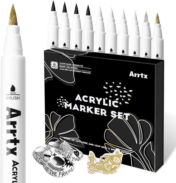 Arrtx Acrylic Paint Pens, 10 Pack Extra Brush Tip White Paint Markers Metallic for Rock Fabric Wood Glass Canvas Ceramic, 4 White 4 Black 1 Gold & 1 Silver, Water Based Ink, DIY Crafts