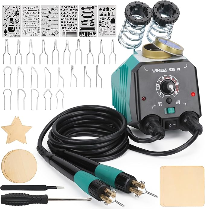 YIHUA 939-VI Dual Wood Burning Pen Wood Burning Kit with 23 Wire Nib in Varied Shapes, Detachable Pyrography Pen, 6 Wood Pieces, 6 Stencils and Screw Driver, Tweezers Used as Wood Burning Tool