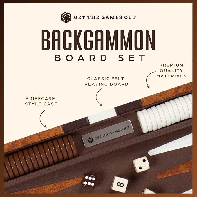 Get The Games Out Top Backgammon Set - Classic Board Game Case - 2 Players - Best Strategy & Tip Guide - Available in Small, Medium and Large Sizes (Brown, Medium)