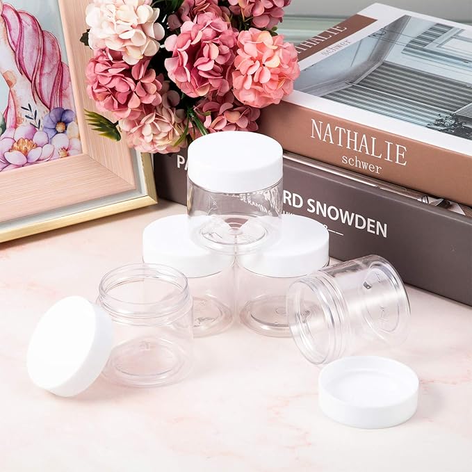 12 Pack 5 oz Plastic Container Jars with Lids Round Clear Travel Cosmetic Container Jars for Toiletries, Lotion, Cream, Ointments, Makeup, Rhinestone, Samples, Kitchen Storage (White)