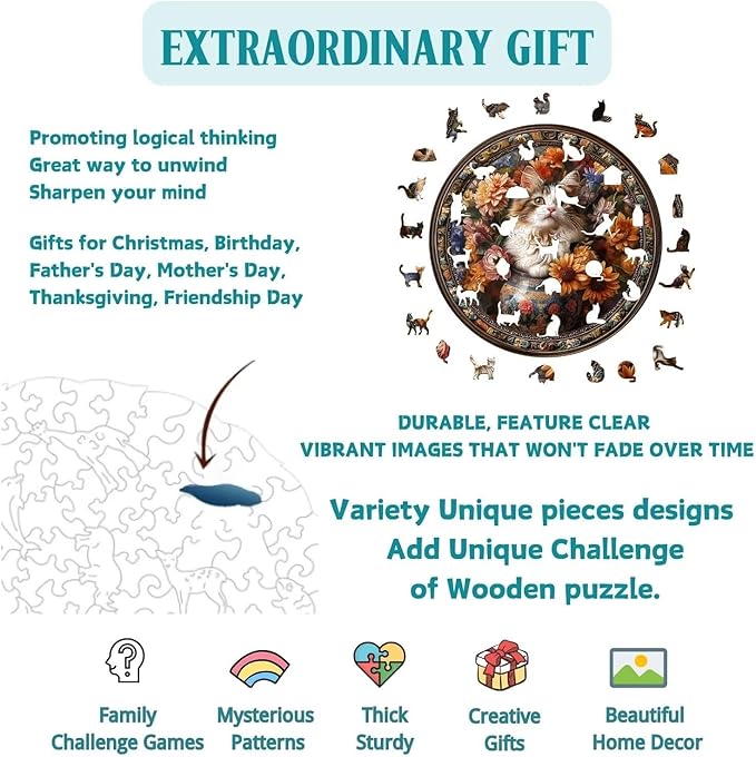 Wooden Puzzles Adults, Beautiful Tricolor Cat Wooden Puzzles 100 Pieces, Unique Animal Shaped Wood Challenging Jigsaw Puzzles Gifts for Adults, 8.5x8.5in