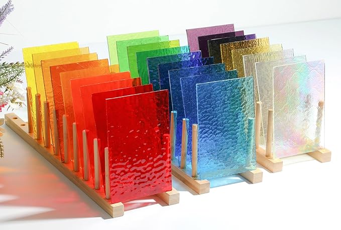 Lanyani 26 Sheets Transparent Stained Glass Sheets Packs for Art Crafts, Textured Bright Color Variety Translucent Cathedral Art Glass Sheets for Mosaic Glass DIY Projects, 4x6 inches