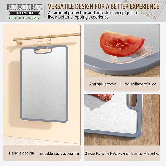 Titanium Cutting Board Double-sided non-slip silicone edging Pure Titanium Cutting Boards for Kitchen - Double-Sided Food-Grade Chopping Board Non-Stick Durable and easy to clean (Large)