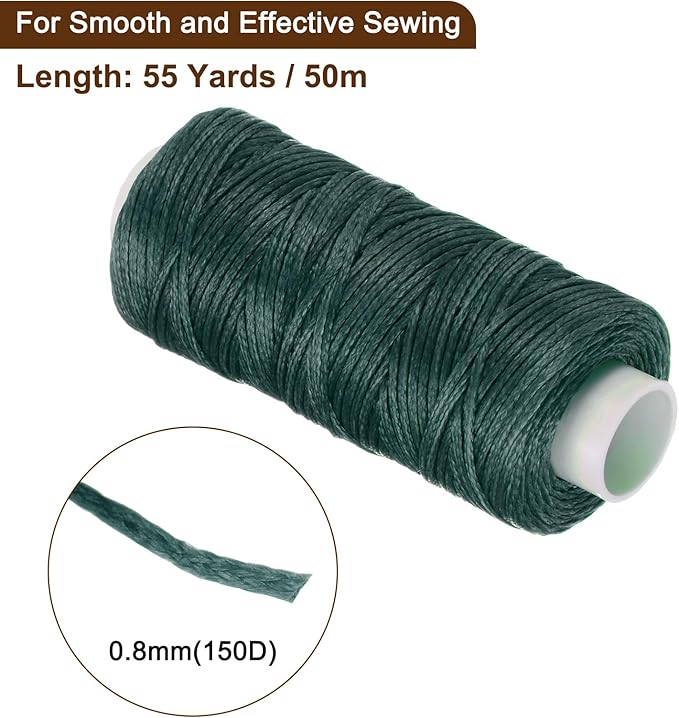 uxcell Leather Sewing Waxed Thread, 55 Yards / 50m 0.8mm 150D Flat Polyester All-Purpose Threads for Leather Crafts, Bookbinding, Dark Green