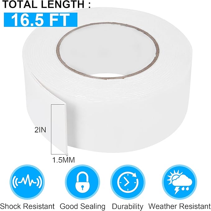 ToLanbbt Double Sided Foam Tape 2In x 16.5FT, Mounting Tape Heavy Duty, Strong Adhesive Weatherproof Seal Strips for DIY Craft Picture Poster, Car & Gap Filling Mountings, Home Office Decor (White)