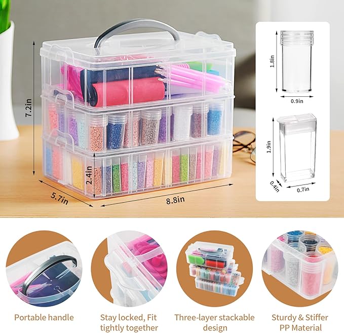 Douorgan 3-Tier Diamond Painting Storage Containers Diamonds Organizers and Storage Stackable Diamond Painting Tools Box Portable Diamond Beads Storage Box, 80+40 Slots with Tool Set