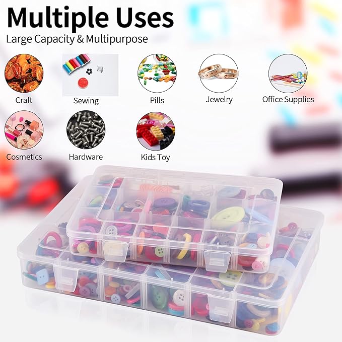18 Grids Plastic Organizer Box with Dividers, Clear Compartment Container Storage for Beads Crafts Jewelry Fishing Tackles, Size 7.9 x 6.2 x 1.2 in
