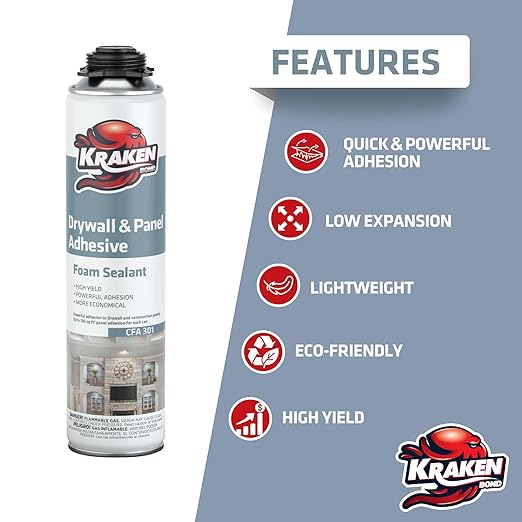 KRAKEN BOND Drywall & Panel Adhesive Foam - (2x24oz) Heavy-Duty, Fast-Curing Construction Adhesive for Concrete, Wood, and Heat Insulation Applications - Gun&Gun Cleaner Set