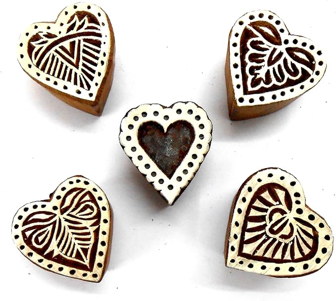 Stylish Romantic Five Hearts Wooden Blocks Stamps for Printing on Textiles, Pottery Crafts,Henna, Scrapbooking (Set of 5)