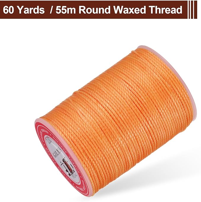 uxcell Round Leather Sewing Waxed Thread, 55m / 60 Yards Wax Polyester String, 0.8mm Waxed Stitching Cord for Leather Crafts, Bookbinding, Bracelets Braided, Orange