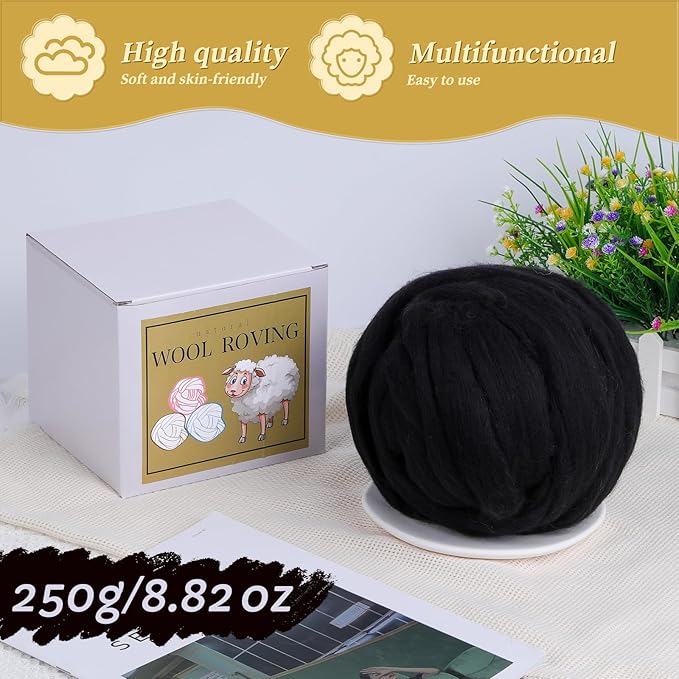 Wool Roving Bulk - 8.82oz/250g Super Wool Chunky Yarn, Wool Roving Top for Needle Felting, Soft Felting Wool Supplies for Hand Spinning, Felting, Blending, Weaving and DIY Craft