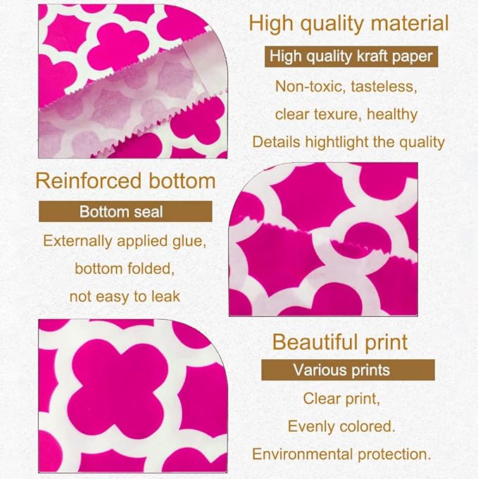 KEYYOOMY 200 Pcs Hot Pink Candy Buffet Bags - Small Polka Dot Paper Treat Bags for Wedding & Birthday Party (5 x 7 inch)