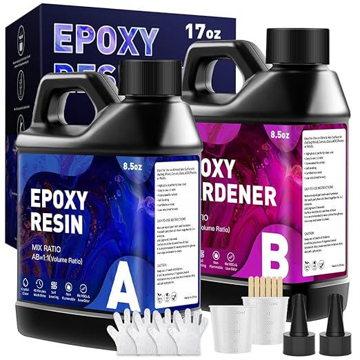 Epoxy Resin 17OZ, Crystal Clear Epoxy Resin Kit, Not Yellowing, Bubble Free, Self-Leveling, Coating & Casting for Jewelry Making, DIY Art Crafts, Molds, Beginners, Starter Kit (8.5OZ x 2)