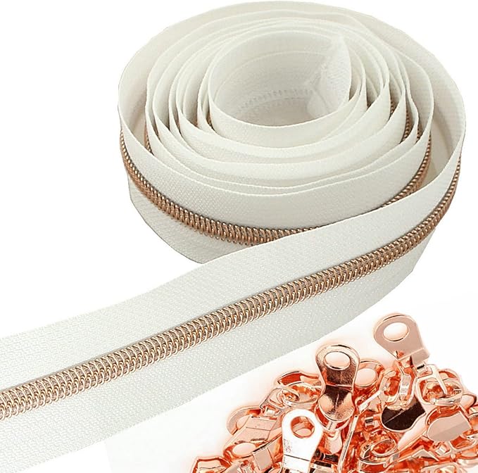 Leekayer #5 Rose Gold Metallic Nylon Coil Zippers by The Yard Bulk 10 Yards White Tape with 25pcs Rose Gold Sliders for DIY Sewing Tailor Craft Bag(White)
