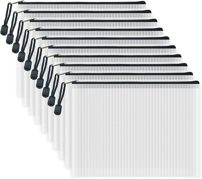 AUSTARK 10 Pcs Zipper File Bags, Waterproof Plastic Mesh Pouch for Office School, Board Game Storage Bags (A5 Size 9.2''x6.7'', White and Black)