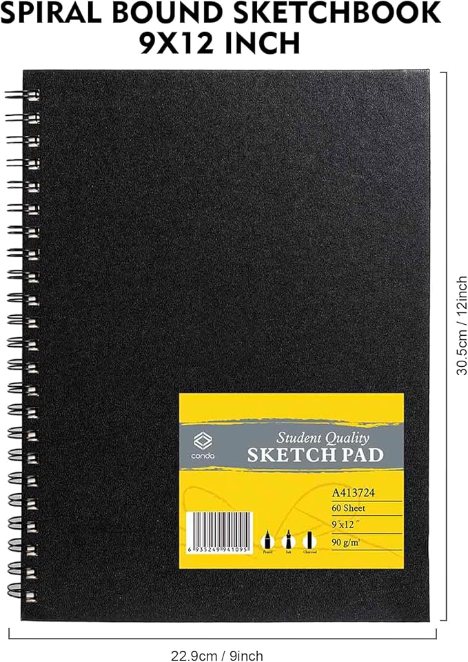 CONDA 9"x12" Double-Sided Hardbound Sketchbook, 60 Sheets, Heavyweight Hardcover Sketchbook, Spiral Sketch Pad, Durable Acid Free Drawing Paper for Drawing Painting