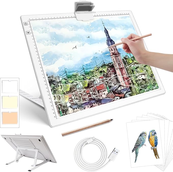 Rechargeable A3 Diamond Art Light Board,Light Pad with Stand and Clip,3 Colors Stepless Dimmable and 6 Levels of Brightness Light Box for tracing,Diamond Painting,Drawing,Sketching(White)