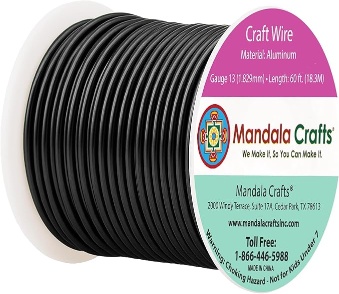 Mandala Crafts 13 Gauge Anodized Aluminum Craft Wire for Jewelry Making - 60 FT Colored Flexible Black Wire - Bendable for Bonsai Armature Crafting Sculpting