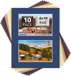 Mat Board Center, Pack of 10, Photo Picture Mats - Acid Free, 4-ply Thickness, White Core - for Pictures, Photos, Framing (8x10 for 2-4x6 Mixed Color)
