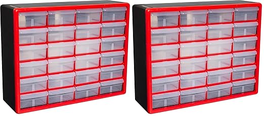 Akro-Mils 24-Drawer Plastic Drawer Storage Cabinet for Garage Organization, Bead Organizer, Building Bricks Storage, Teacher Toolbox, Makeup Organizer, 20-Inch W x 6-Inch D x 16-Inch H, 10124 Red