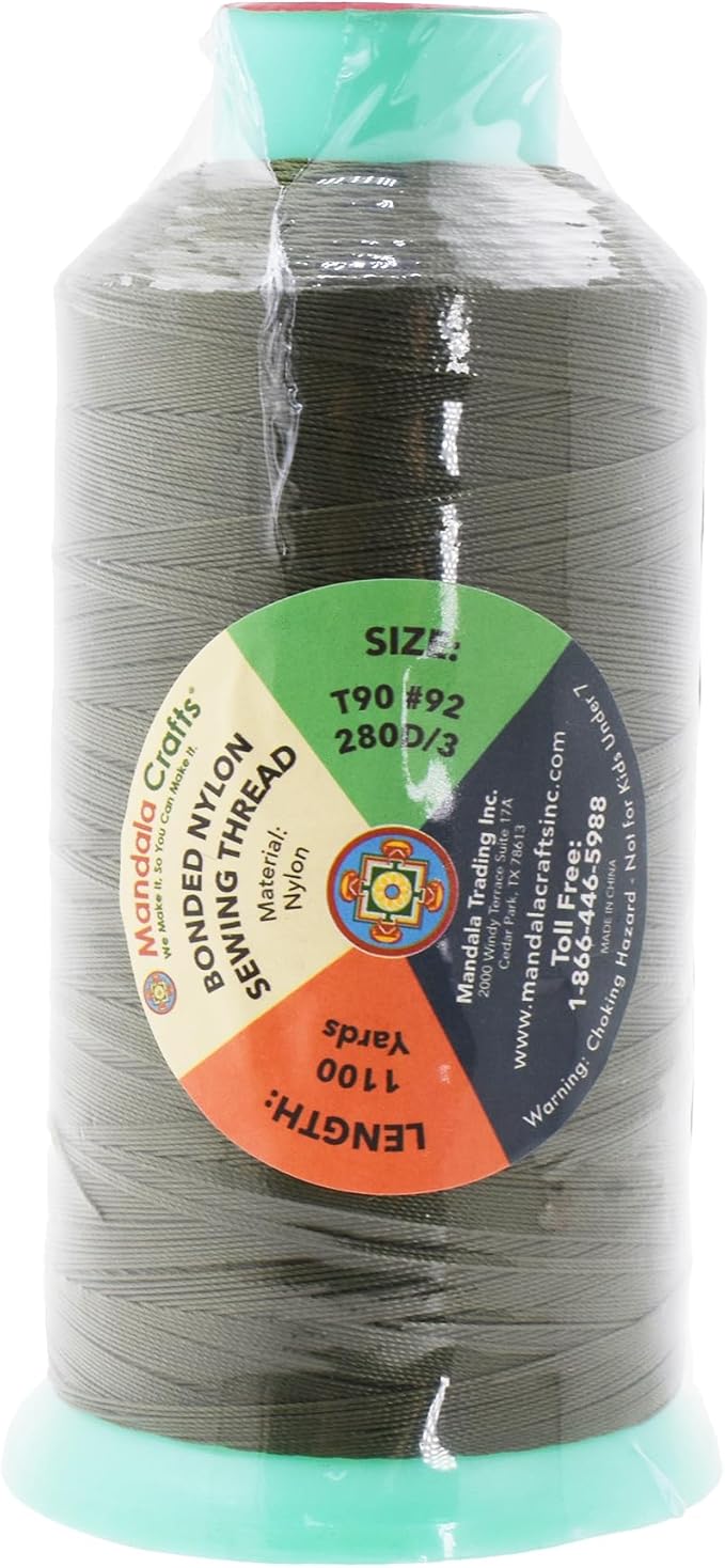 Mandala Crafts Bonded Nylon Thread - Olive Drab Heavy Duty Sewing Threads - 1100 YDs Size 92 280D T90 Tex 90 for Leather, Jeans, Weaving, Outdoor, Marine, Upholstery