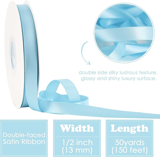 HUIHUANG Blue Satin Ribbon 1/2 inch X 50 Yards Continuous, Baby Blue Double-Faced Satin Ribbon for Gift Wrapping, Bows, DIY Crafts, Flower Bouquet, Baby Shower Wedding Decor