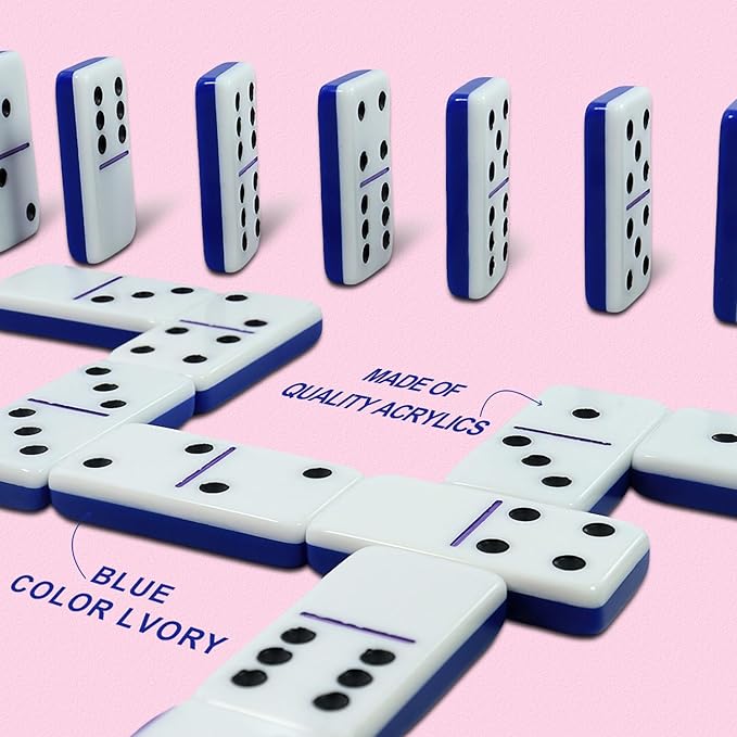 IDTQ Dominoes Set for Adults, Double 6 Dominos Game Set with 28 Domino Tiles Double with Upscale Gift Boxes -7 Polyhedral Dice -Classic Board Games (Dark Blue)