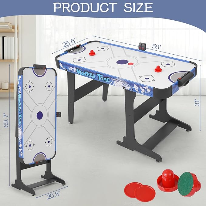 58" Foldable Air Hockey Table, Folding Indoor Hockey Game Table for Adults&Kids, Portable Arcade Game Set w/ 2 Pucks, 2 Pushers, LED Scorer, Powerful by 12V Motor for Game Room, Home, Office
