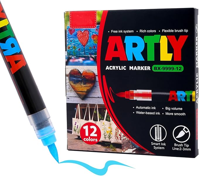 Acrylic Paint Markers, Acrylic Paint Pens, Fabric Markers for Textile, Rock, Glass, Wood, Paper, Ceramic, Canvas DIY Art Supplies Kit for Kids and Adults (12)