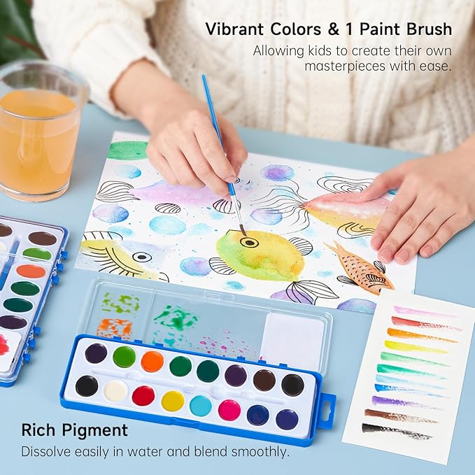 Shuttle Art 16 Colors Watercolor Paint Set Bulk, Pack of 24, Watercolor Paint Set with Paint Brushes for Kids and Adults, Washable Paint for Classroom, Parties, Kindergarten and Art Activities