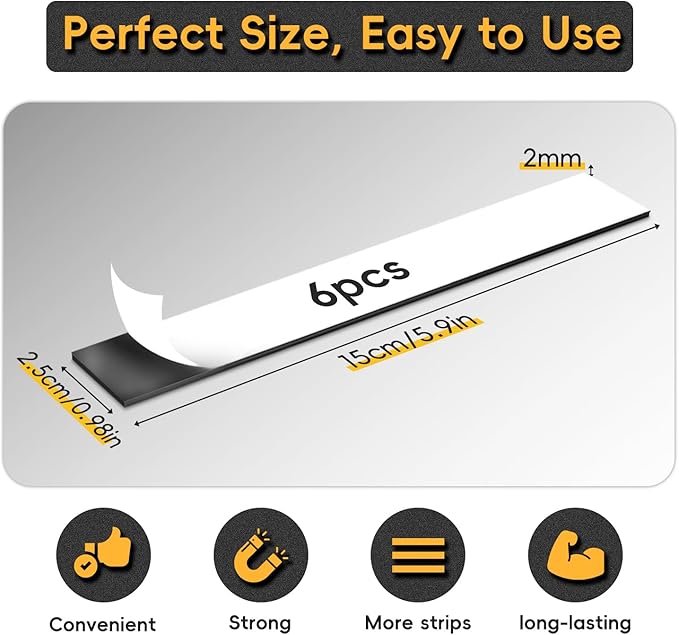 Magnetic Strips Self Adhesive,6 Pack 6" x 1" (150 x25 x 2 mm) Sticky Back Magnet Tapes, Flexible Durable Magnet Stickers for Classroom Office Kitchen, Fridge, DIY, Crafts