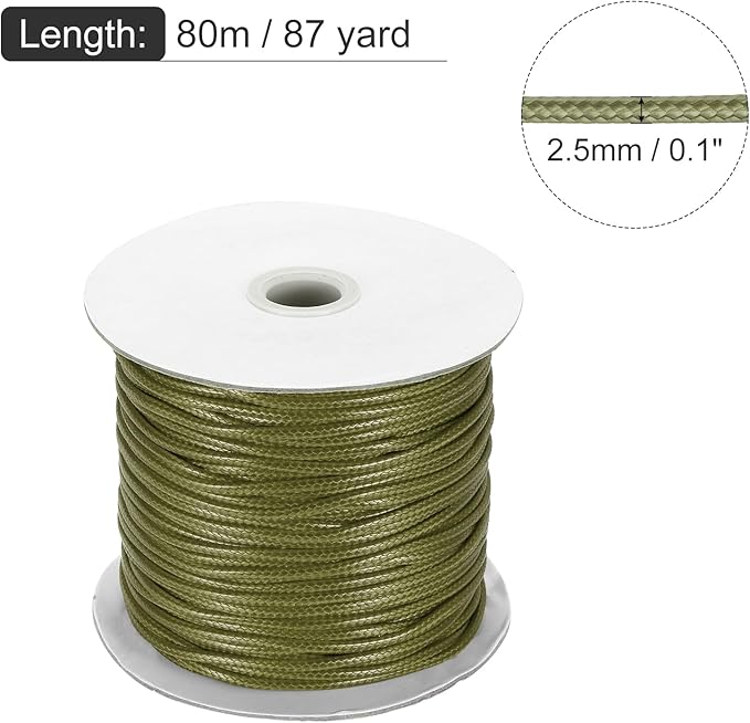 MECCANIXITY Waxed Cord 2.5mm Waxed Polyester Cord 87 Yard Wax String for Bracelet Making, Necklaces, Beading, Jewelry Making and DIY Crafts(Army Green)