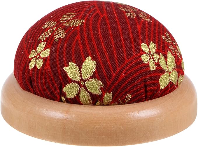 HARFINGTON Pin Cushion Wooden Base Japanese Style Round Pincushion Needle Holder for Sewing Quilting Needlework DIY Crafts, Dark Red