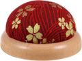 HARFINGTON Pin Cushion Wooden Base Japanese Style Round Pincushion Needle Holder for Sewing Quilting Needlework DIY Crafts, Dark Red