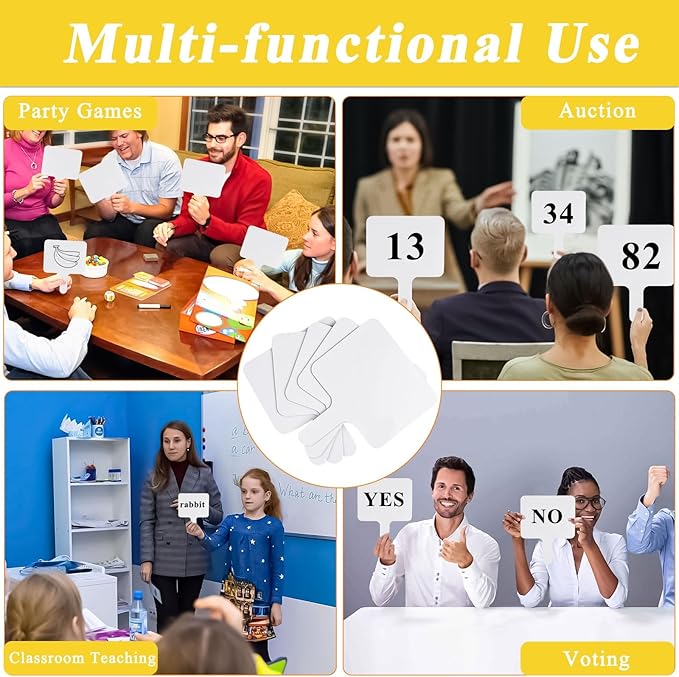 10 Pcs Dry Erase Answer Paddle, 10 x 8 Inch Auction Paddles with Markers and Erasers, Handheld White Board with Handle for Teaching Meeting Bidding Voting Games (Double Sided)
