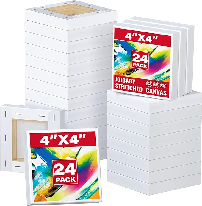 Stretched Canvas for Painting,24Pack 4X4 Inch Mini Stretched White Blank Canvas, 2/5In Profile Small Square Stretched Canvases,Canvas for Painting for Chilren,Birthday,Party,Teaching Class.